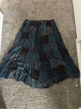 Bohemian Patchwork Maxi Skirt - Teal & Brown